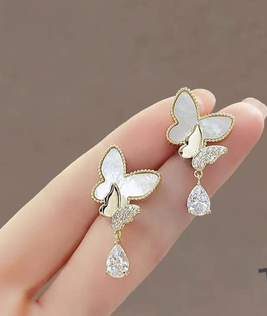 Double Butterfly Hanging Pearl Earings